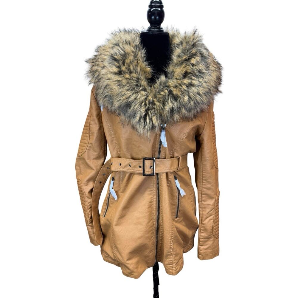 NWT Bellivera Faux Leather Belted Moto Coat Fur Lined Large